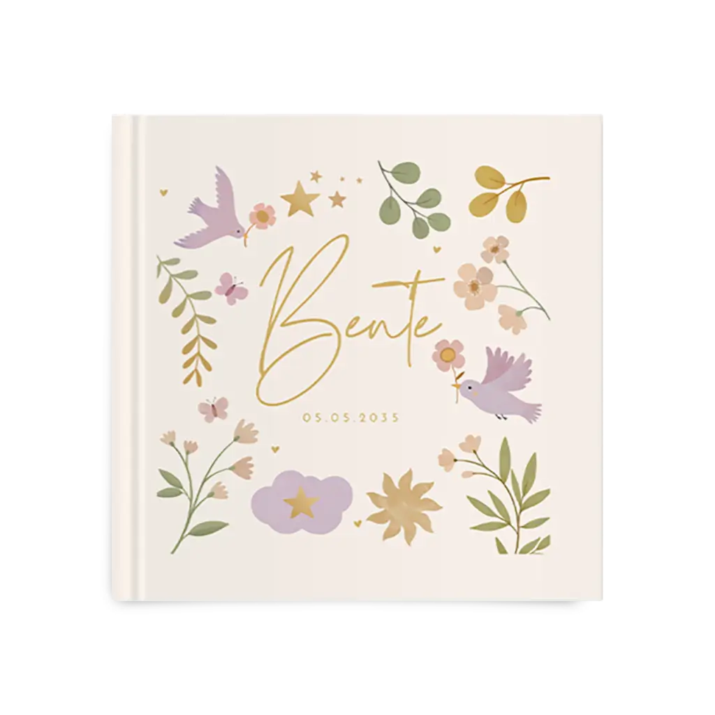 Beige kraambezoekboek met vogels, bloemen en vlinders