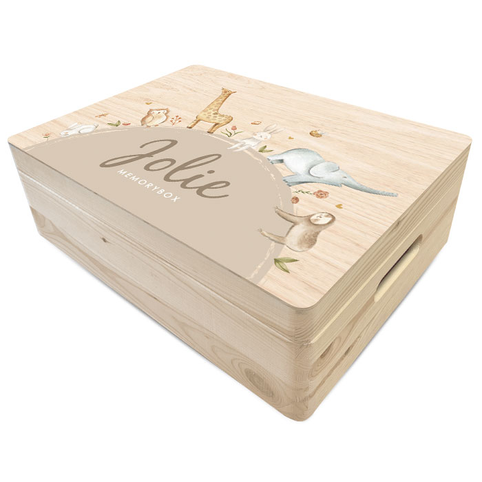 Dieren geboorte memory box met wereldbol en olifant, konijn en giraf