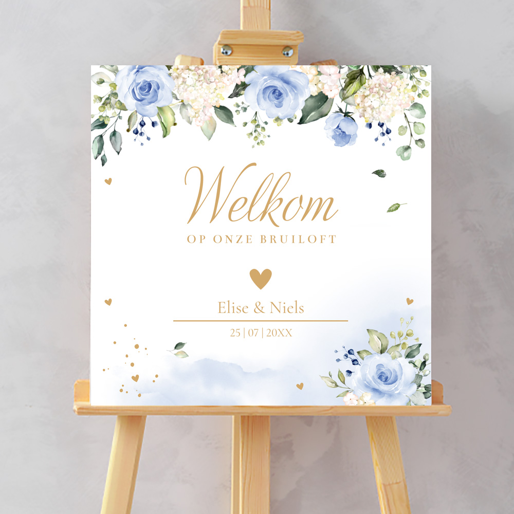 Bruiloftsbord bloemen blauw watercolour 70x70 cm