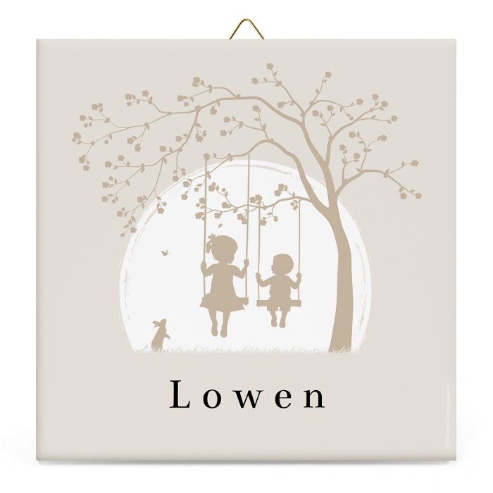 Geboortetegeltje silhouet jongen met grote zus op schommel