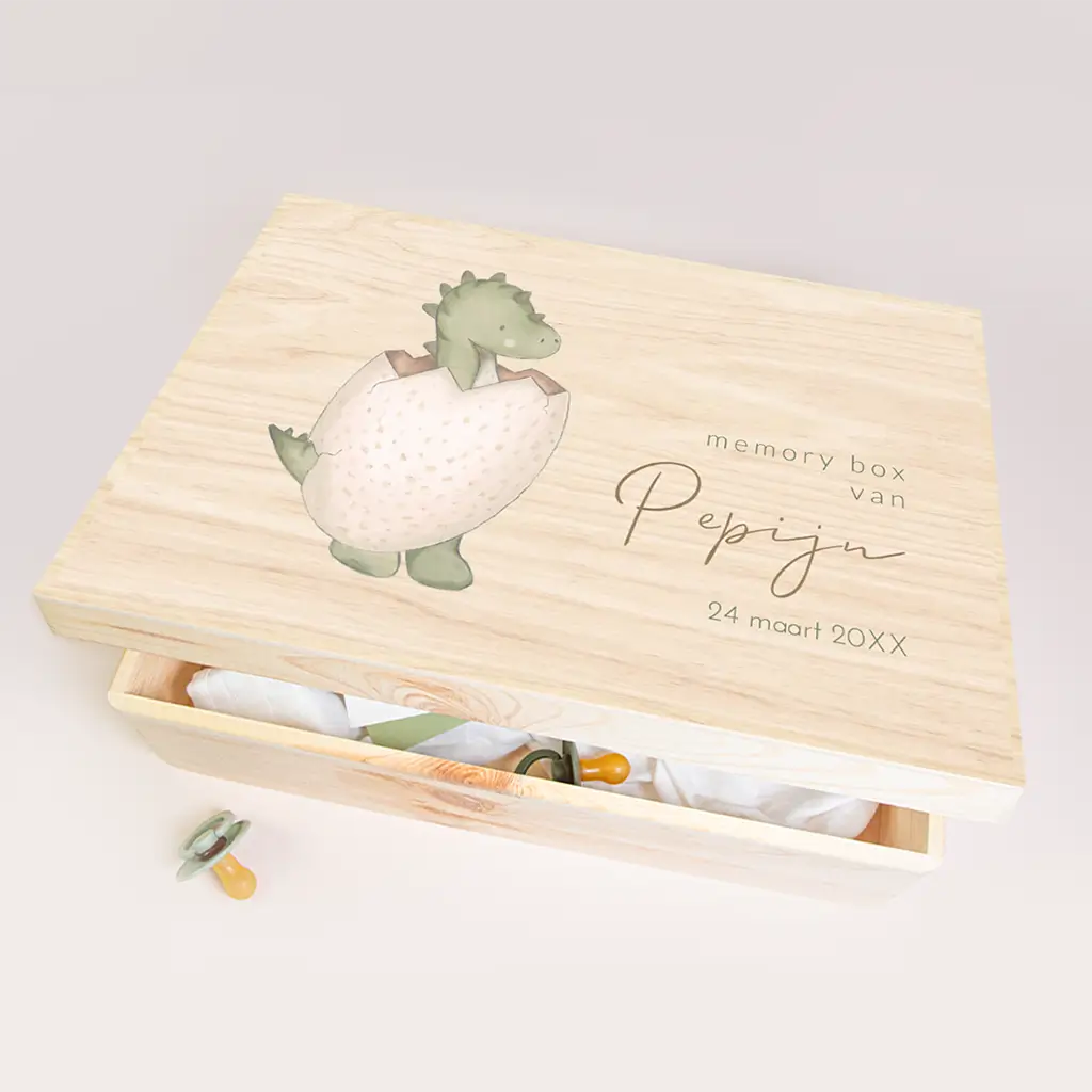 Stoere memorybox met illustratie dino in ei