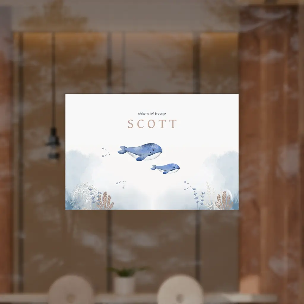 Raamsticker met walvissen en blauwe watercolour 