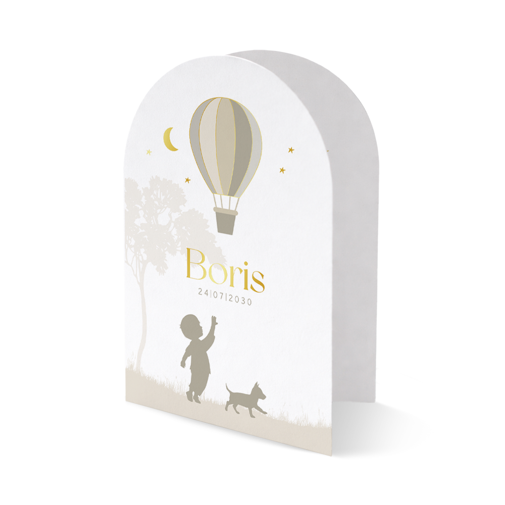 Luxe geboortekaartje voor jongen in dubbele boogvorm met luchtballon