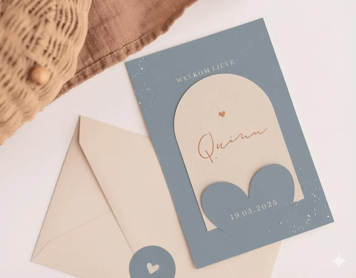 Blauw velvet-look insteek geboortekaartje met koperfolie