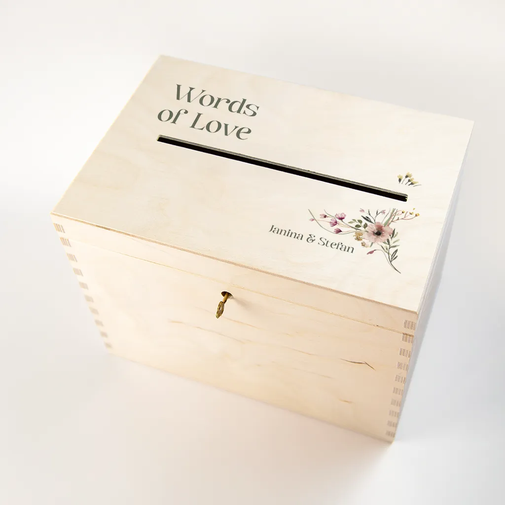 Umschlagbox Hochzeit mit eleganter Blumenranke und großer Schrift