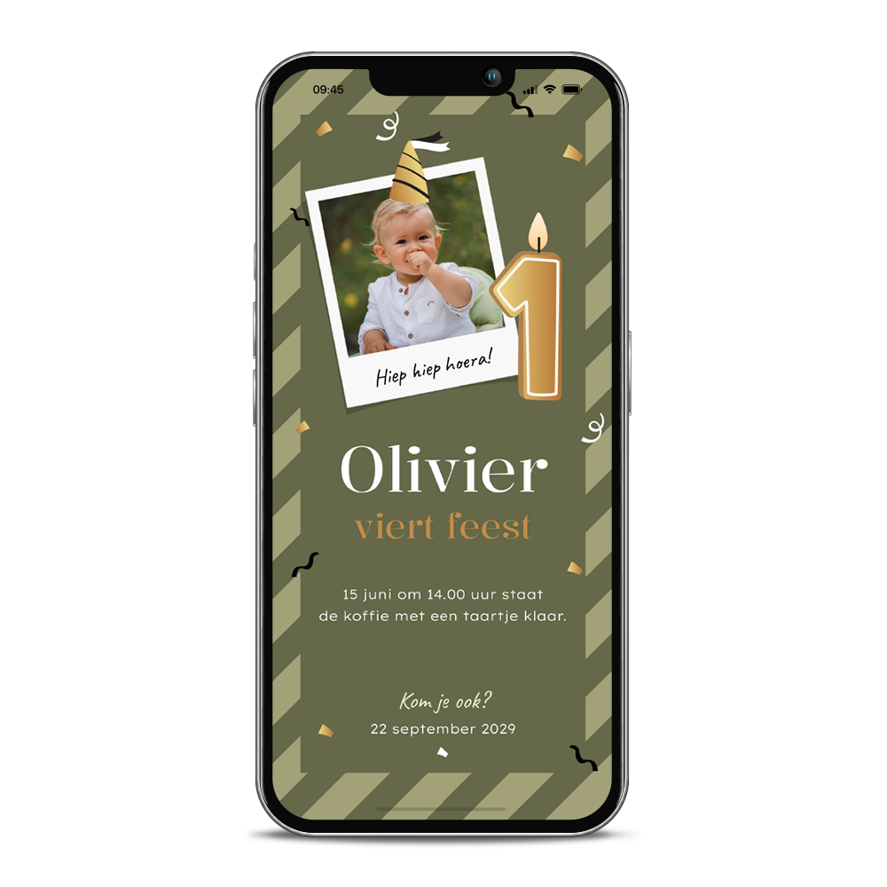Digitale uitnodiging kinderverjaardag 1 jaar met kaarsje en foto