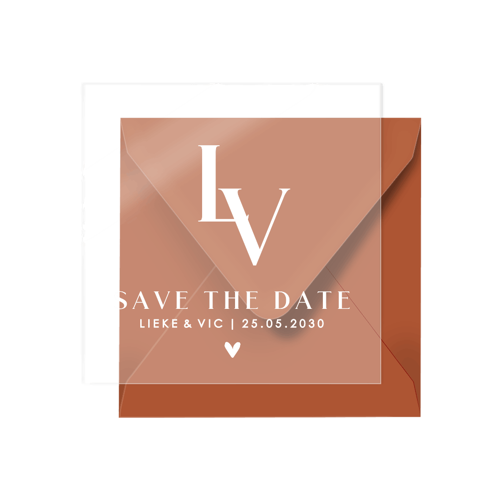 Save the date op acryl met initialen en hartje