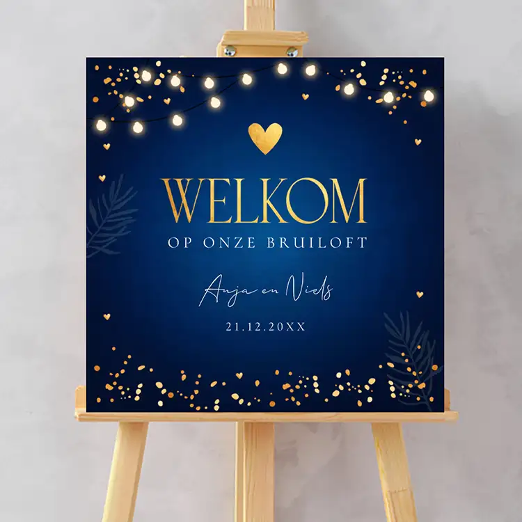 Bruiloftsbord blauw kerst lampjes goudlook 70x70 cm