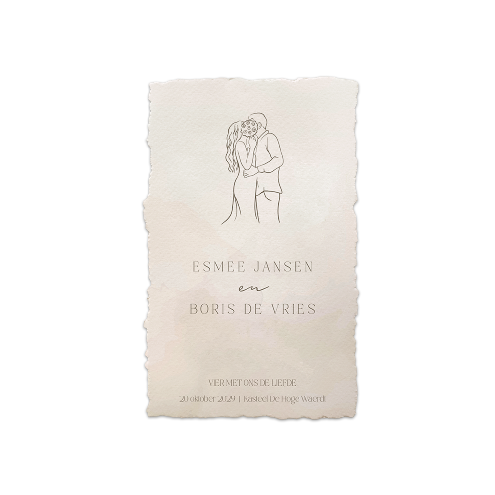 DIY trouwkaart met handgeschepte papierlook met lijntekening bruidspaar