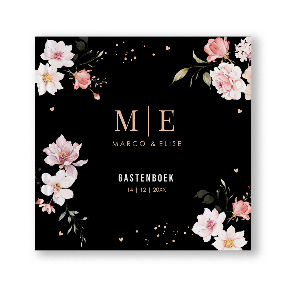 Gastenboek huwelijk zwart met roze bloemen
