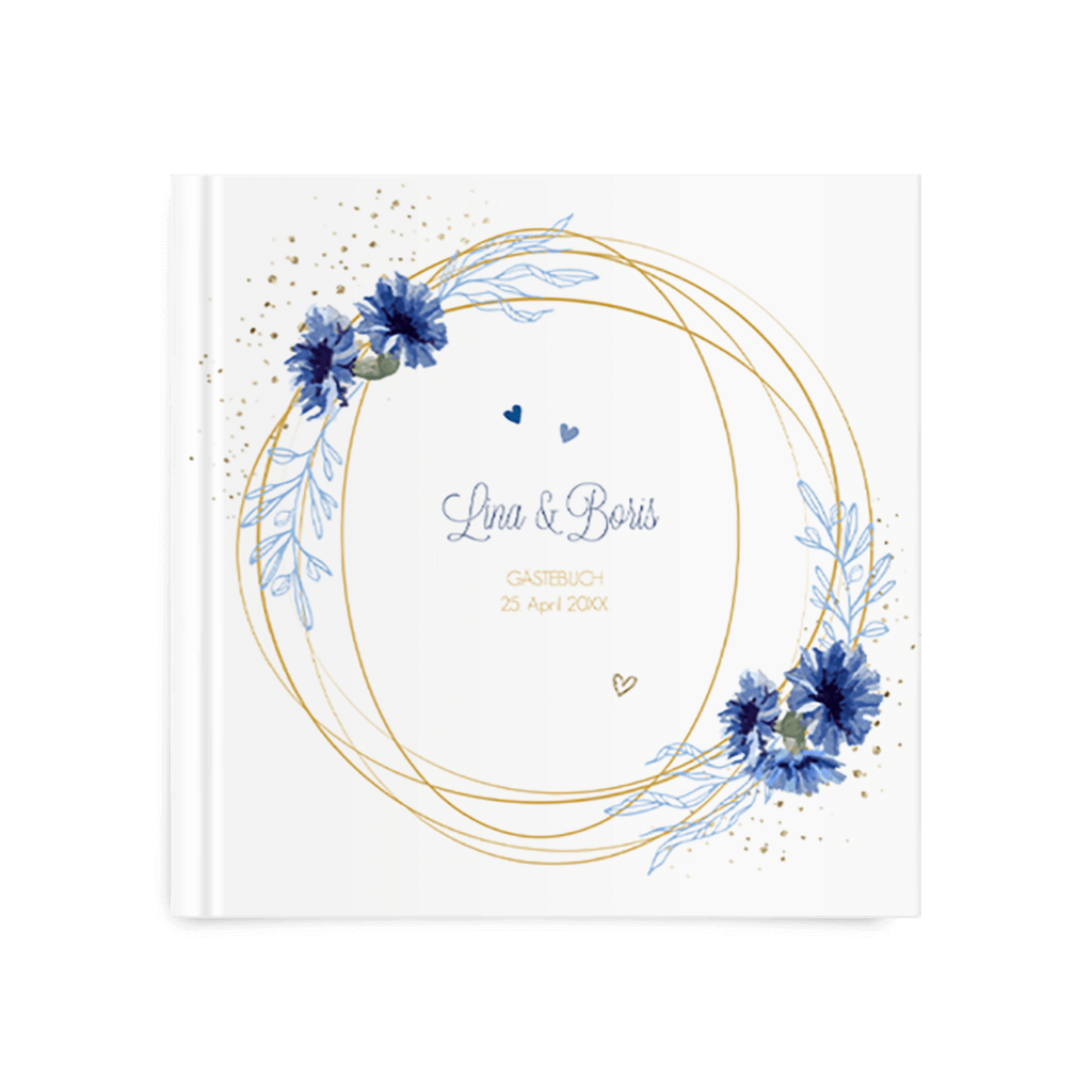 Gästebuch mit geometrischem Muster und blauen Blumen