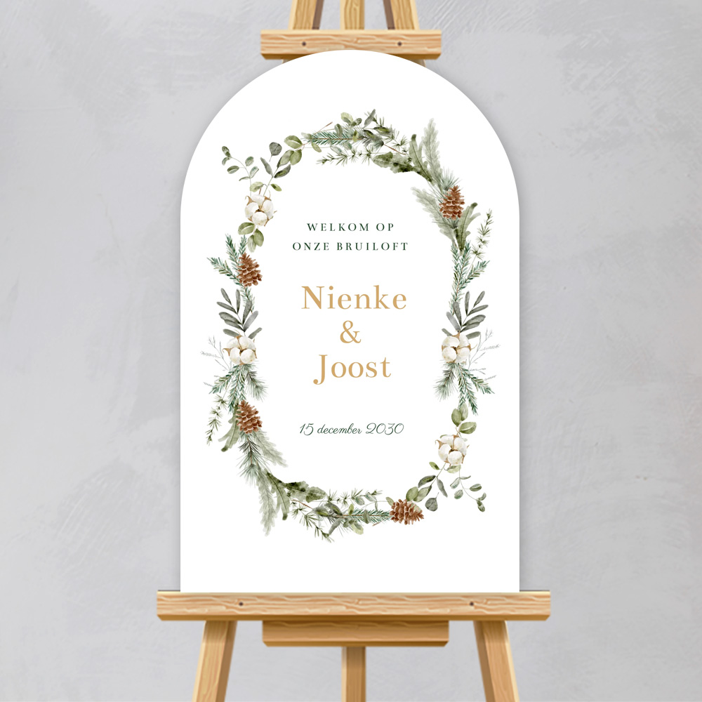 Bruiloftsbord boog vorm kersttakjes groen