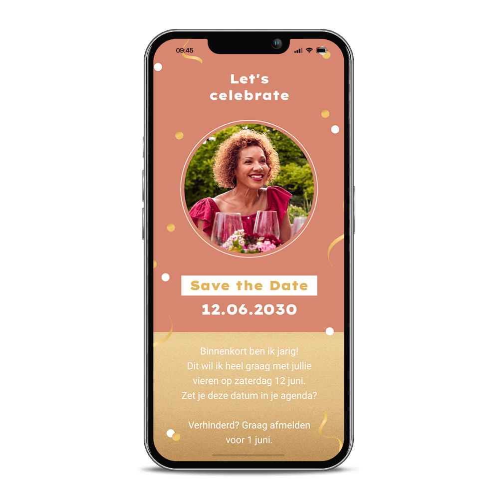 Digitale Save the Date verjaardag uitnodiging met foto en confetti