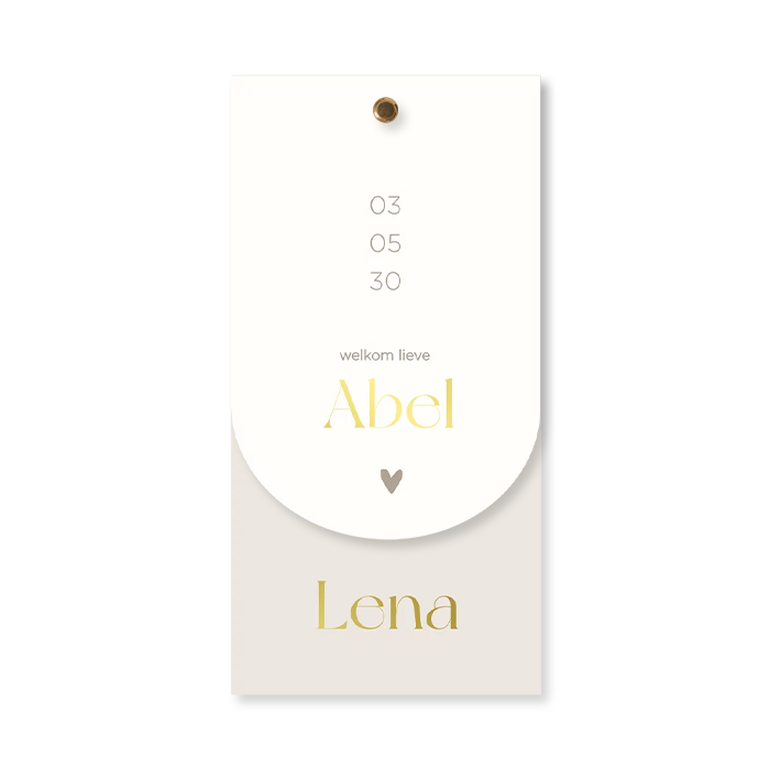 Geboortekaartje met booglabel tweeling beige en goudfolie