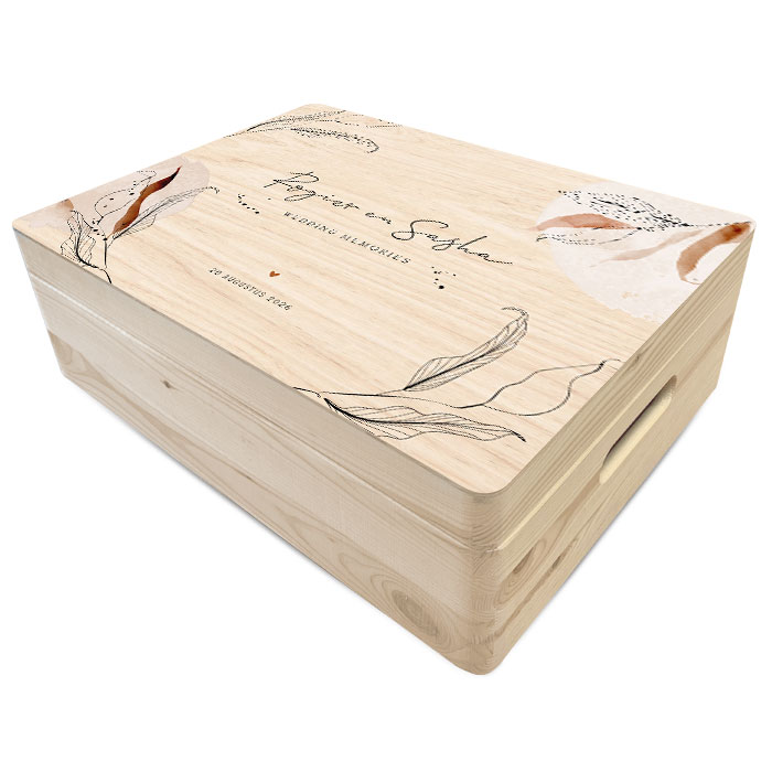 Houten memory box trouwen met lijntekening bladeren