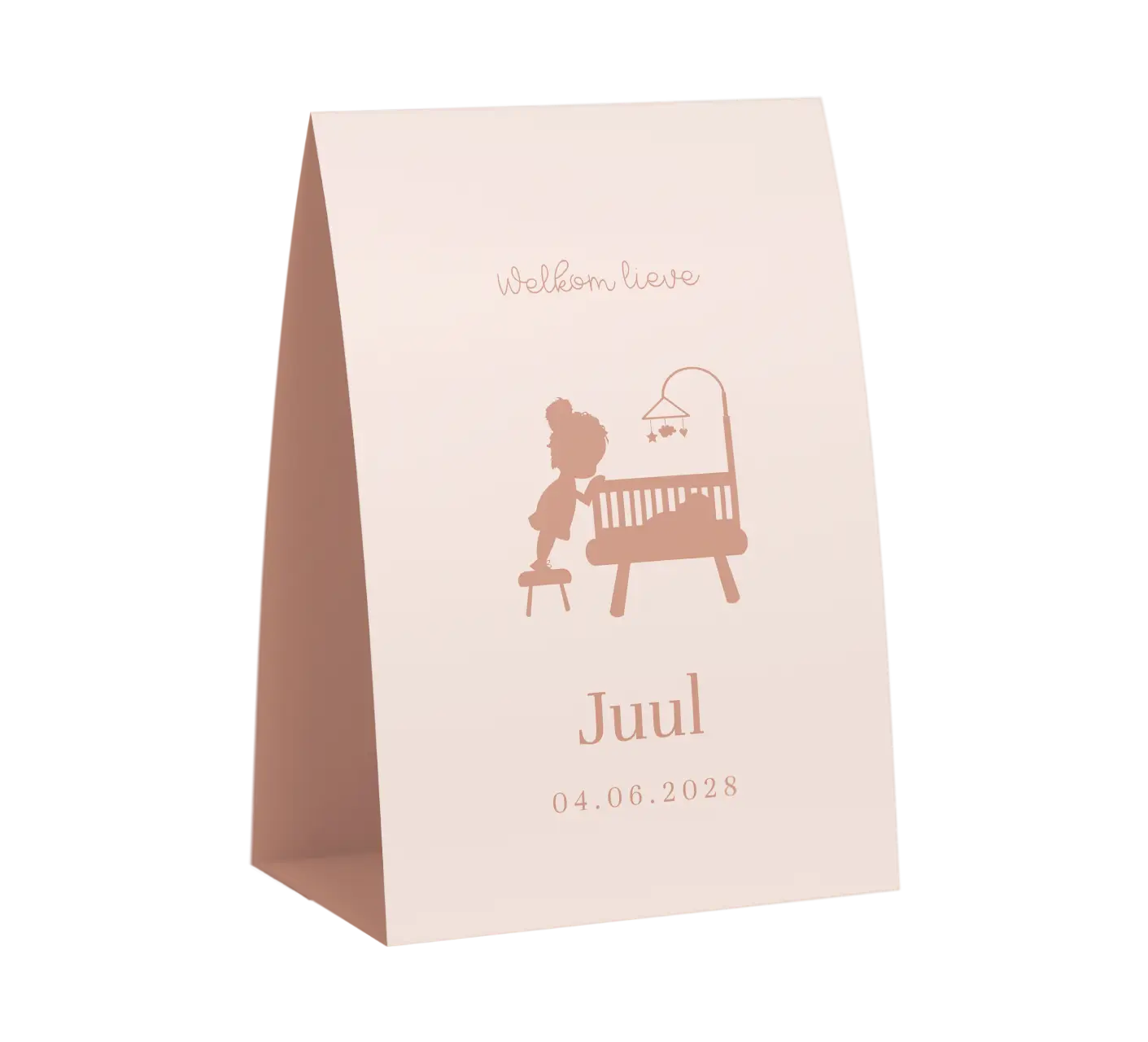 Tent geboortekaartje roze met silhouetje zus bij wiegje