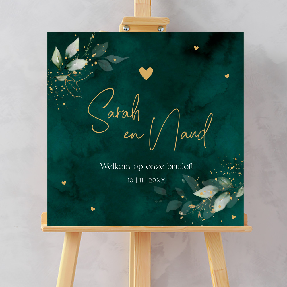 Welkomstbord bruiloft groen botanisch bladeren