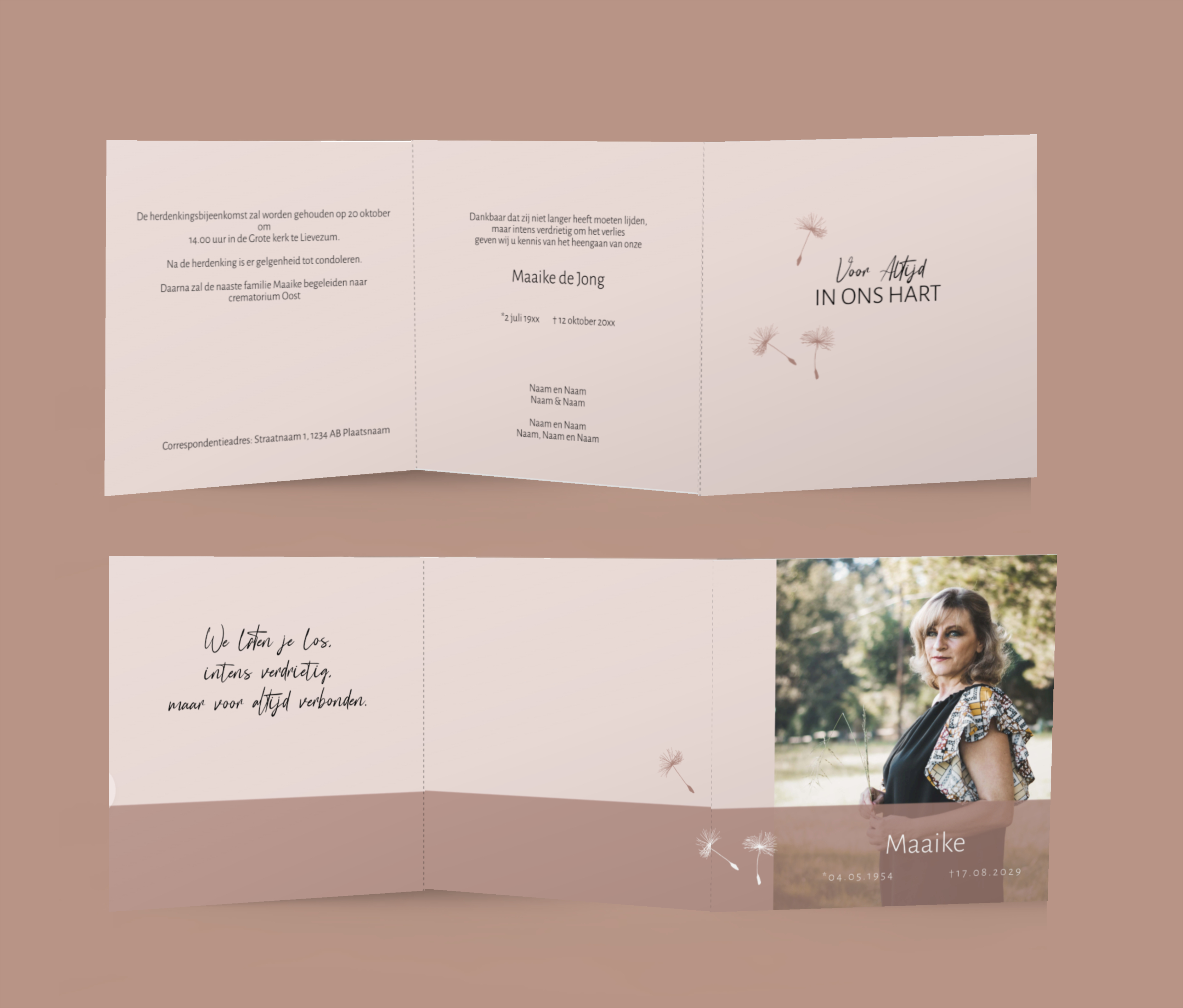 Rouwkaart modern drieluik vrouw roze met foto