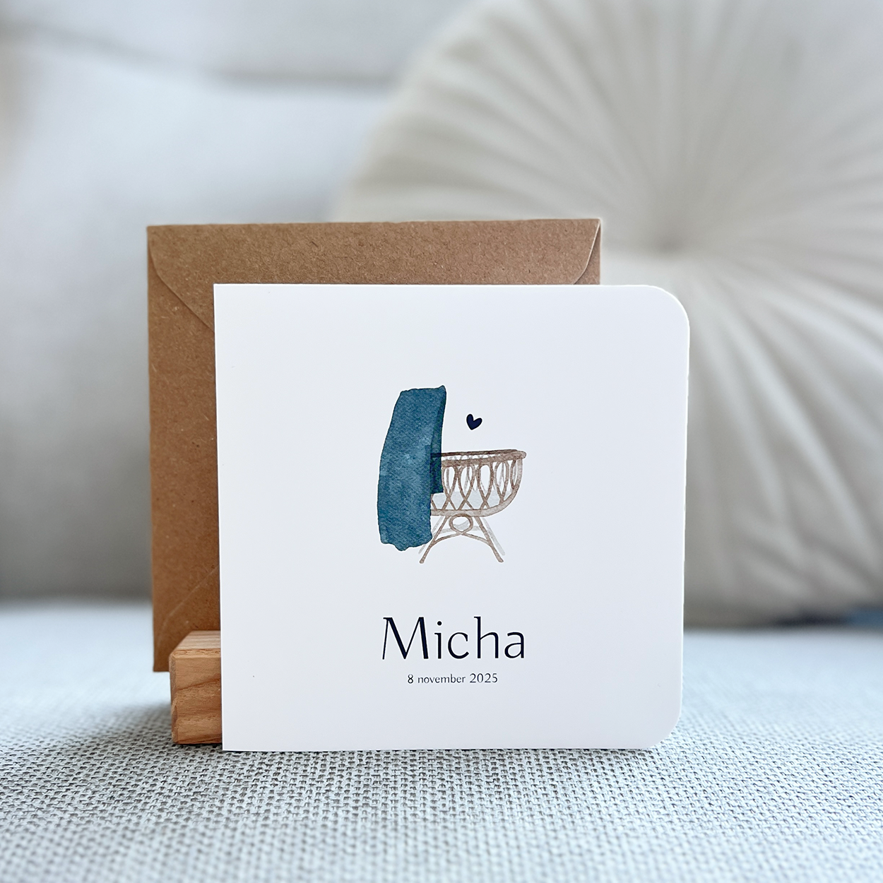 Geboortekaartje Wiegje Jongen Hartjes Waterverf