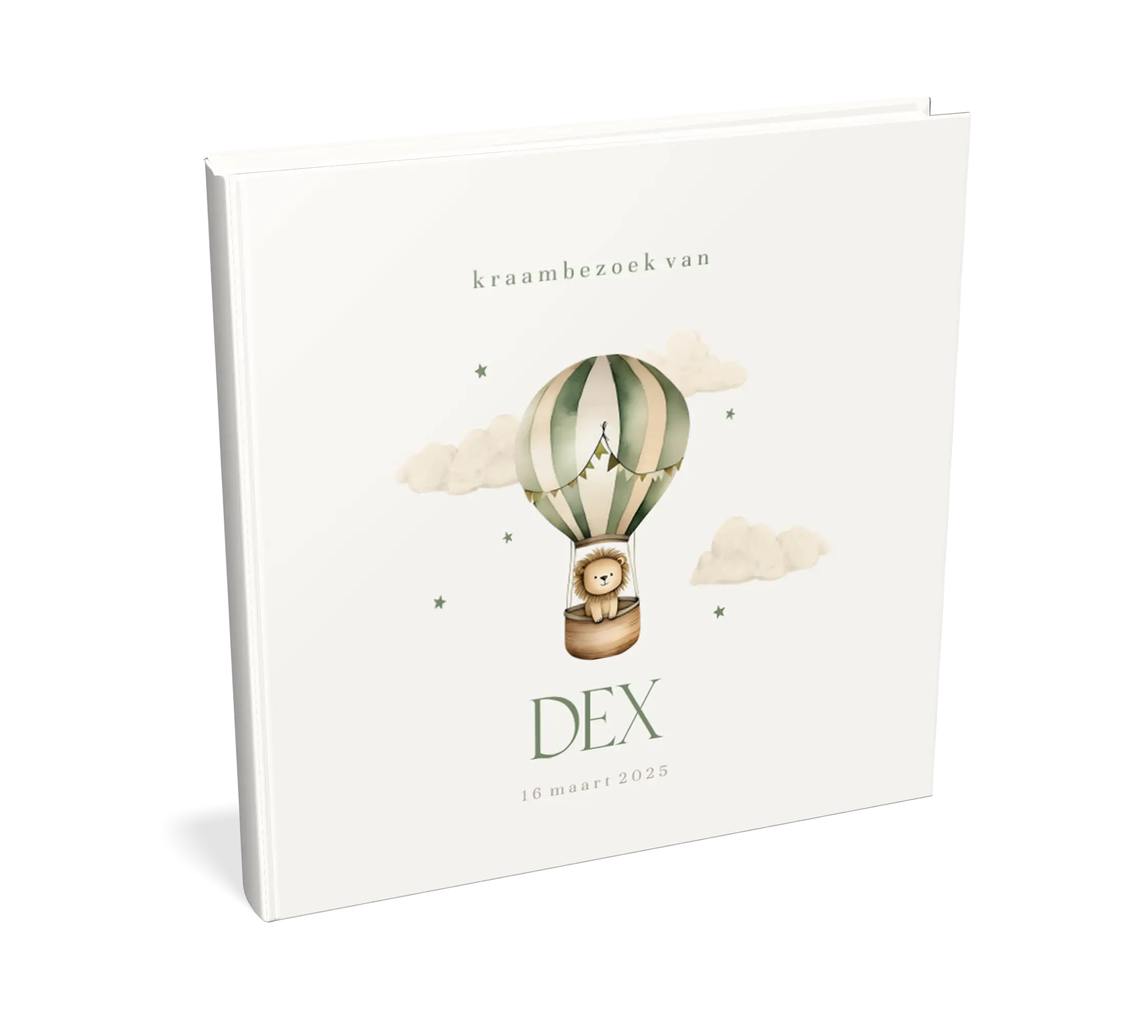 Kraambezoekboek met groene luchtballon en leeuwtje - met invulpagina's