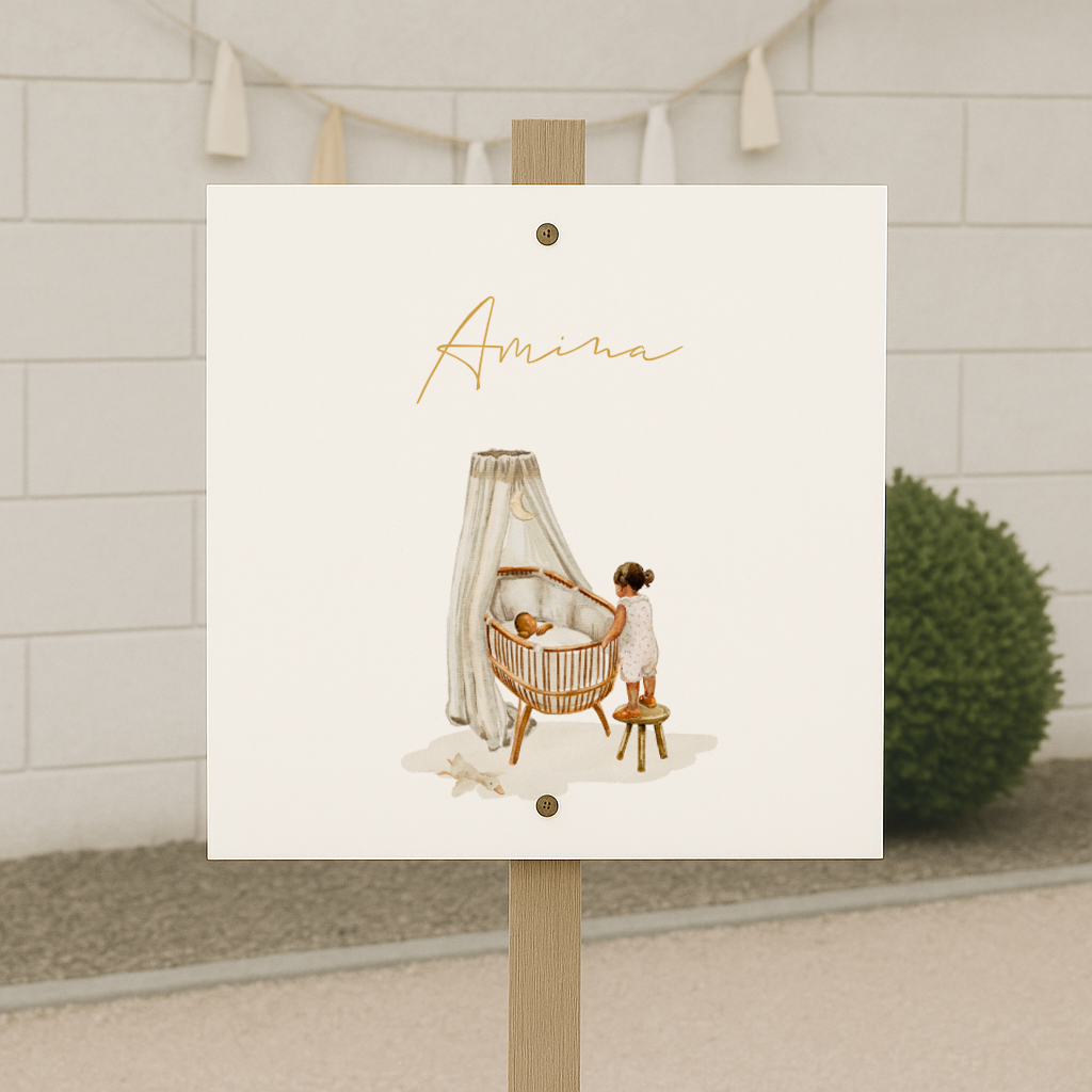 Getekend tuinbord getinte kindjes wiegje zus