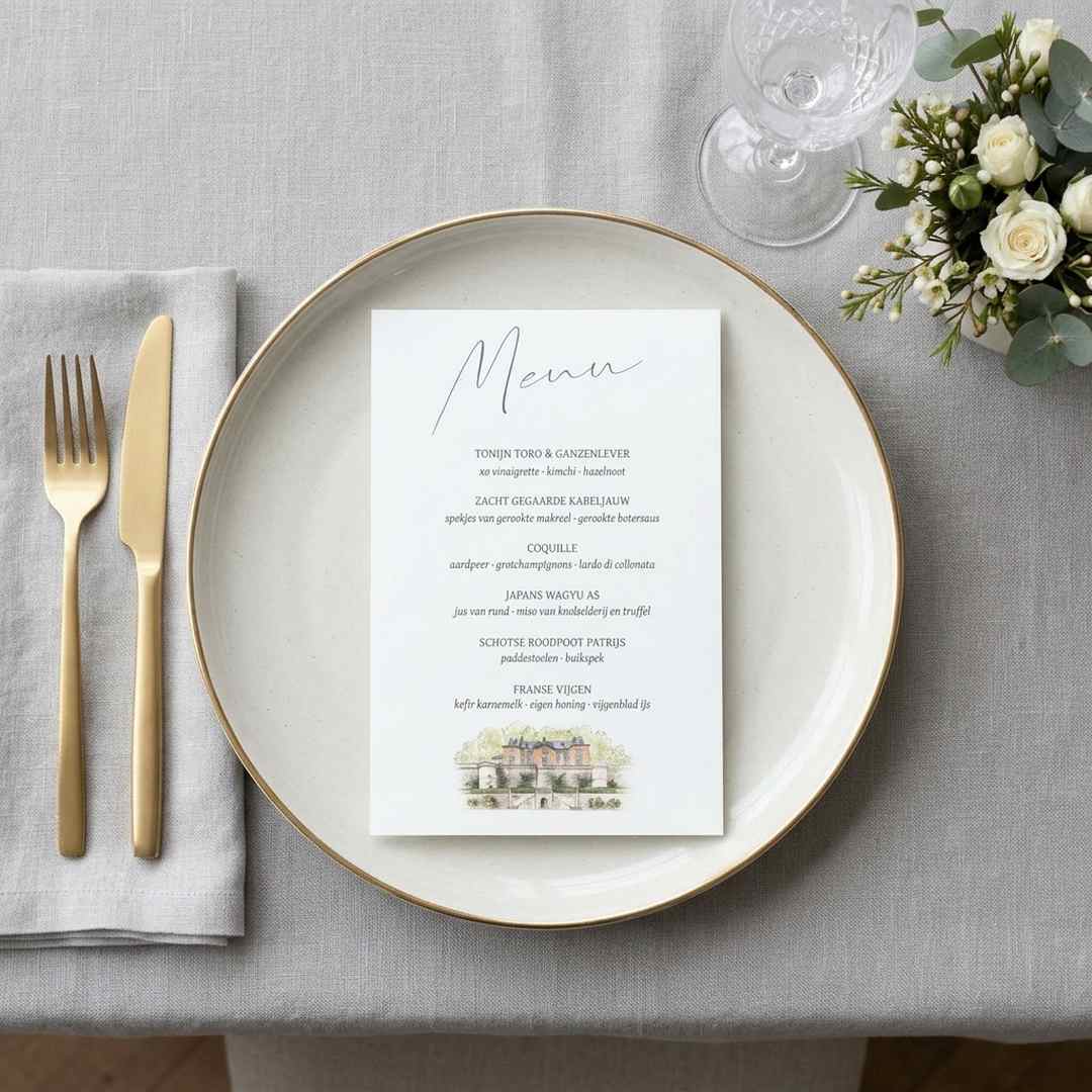 Menukaart klassiek chique trouwlocatie Chateau Neercanne
