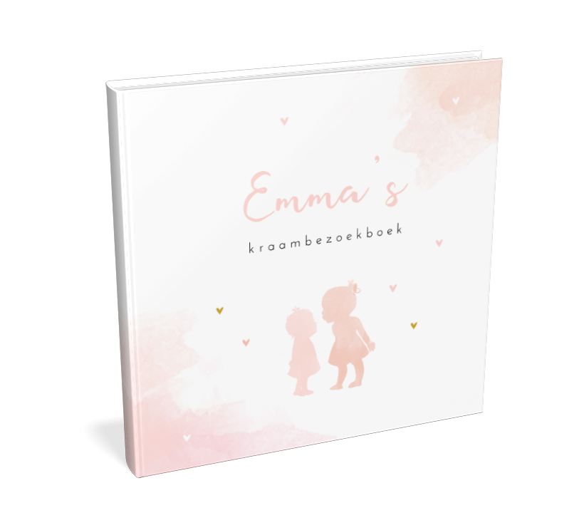 Kraambezoekboek met silhouet zusjes en roze waterverf