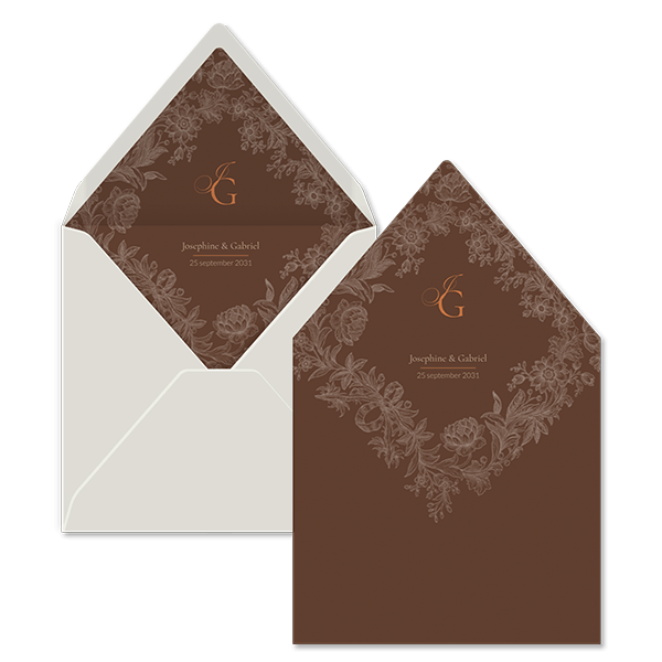 Trouwkaart inlay envelop met bloemen en koperfolie