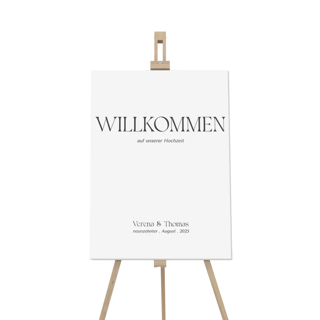 Schlichtes Willkommensschild zur Hochzeit mit Namen des Paares