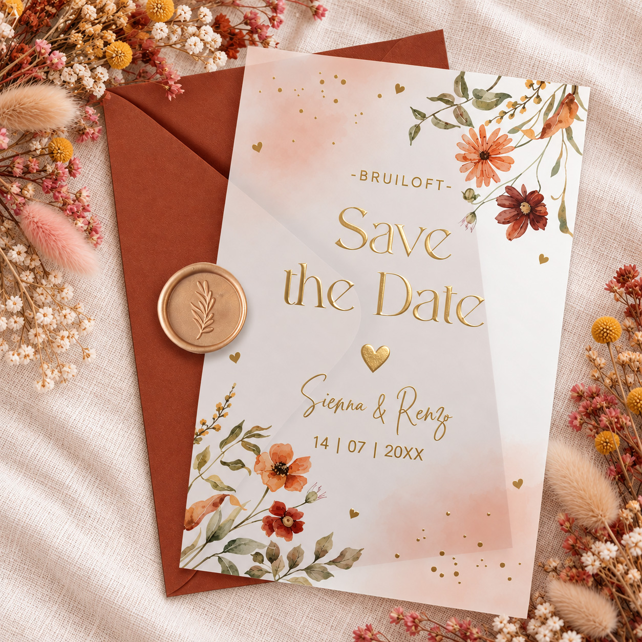 Save the Date kaart kalkpapier bloemen pasteloranje goudfolie