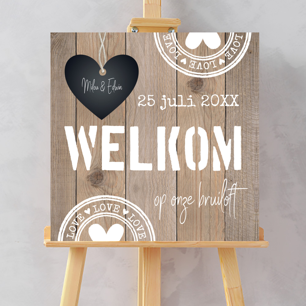 Bruiloftsbord houtlook hartje stempels 70x70 cm