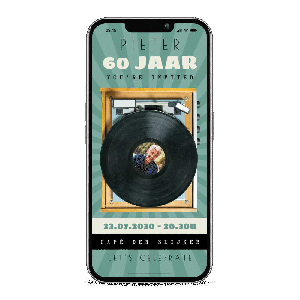 Bewegende uitnodiging verjaardag 60 jaar met platenspeler en foto