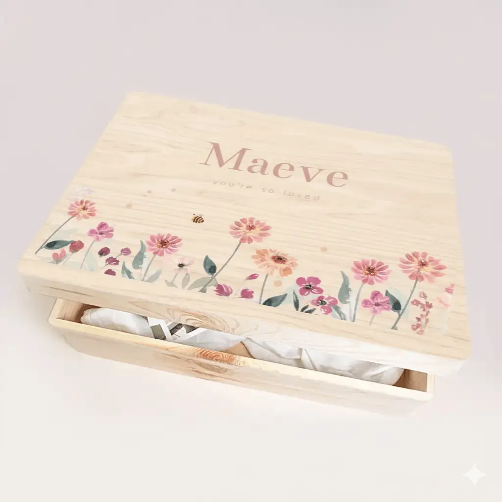 Memorybox met roze bloemen en naam