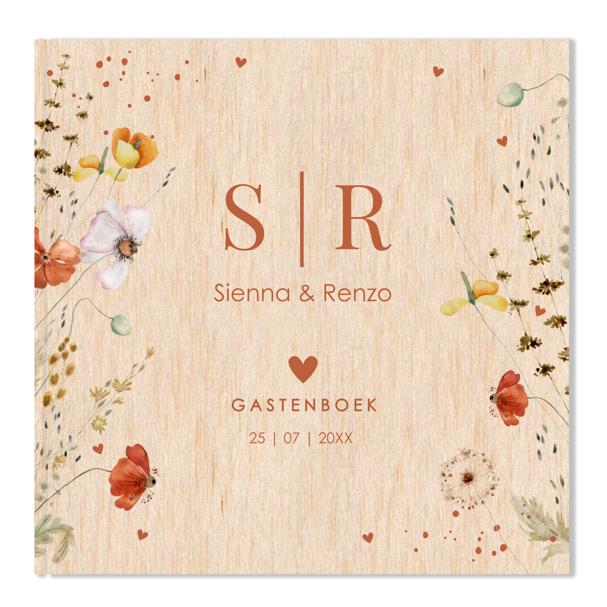 Gastenboek huwelijk veldbloemen rood houtlook