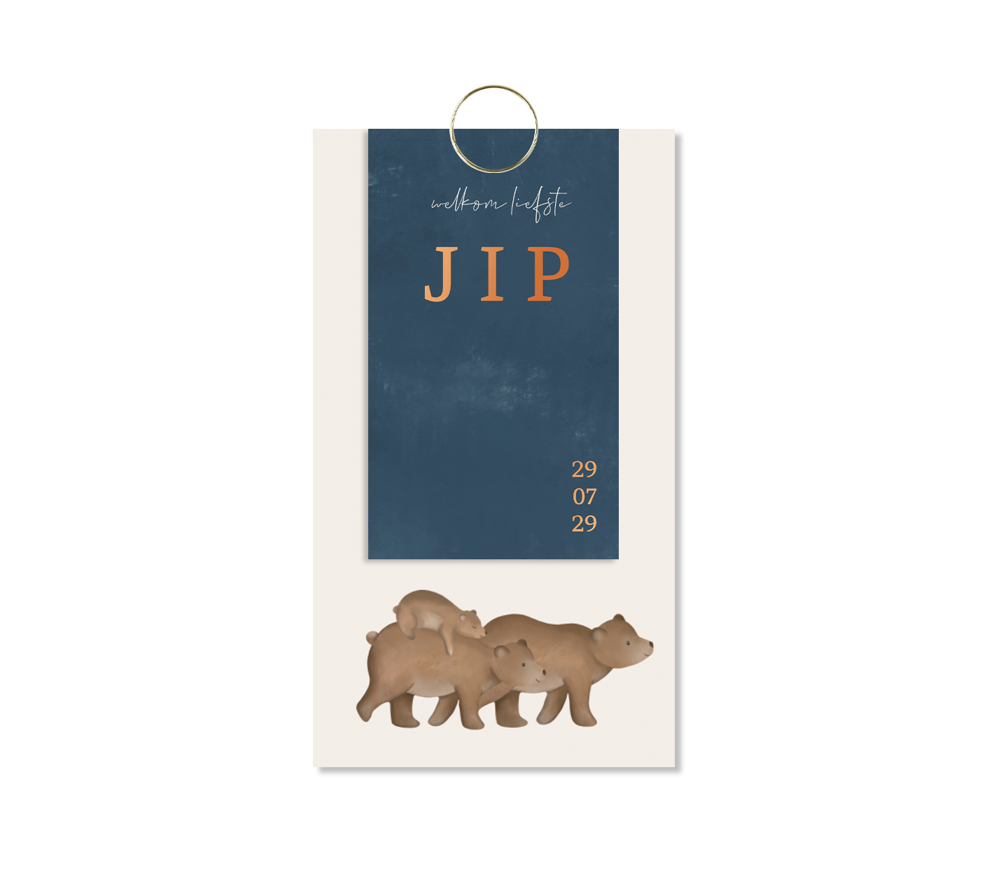 Label geboortekaartje blauw met beren en koperfolie