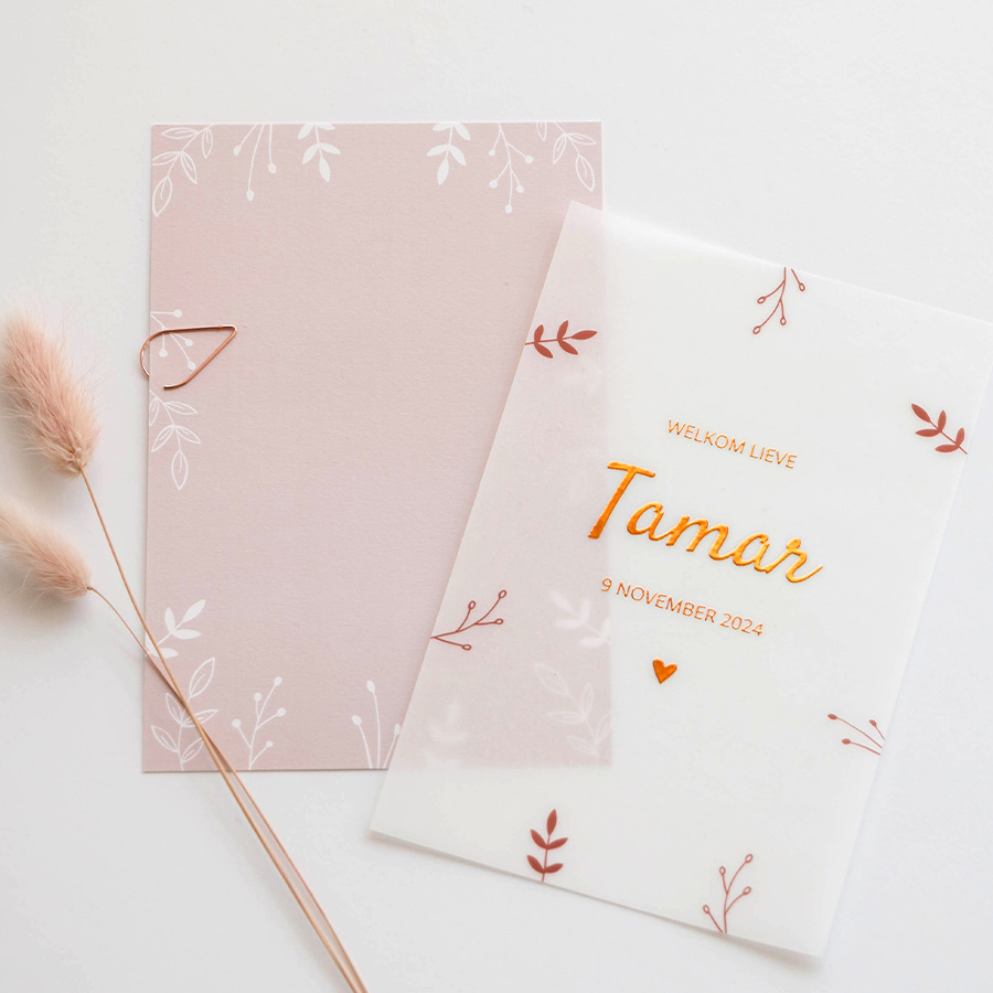 Geboortekaartje meisje rosefolie takjes achterkaart