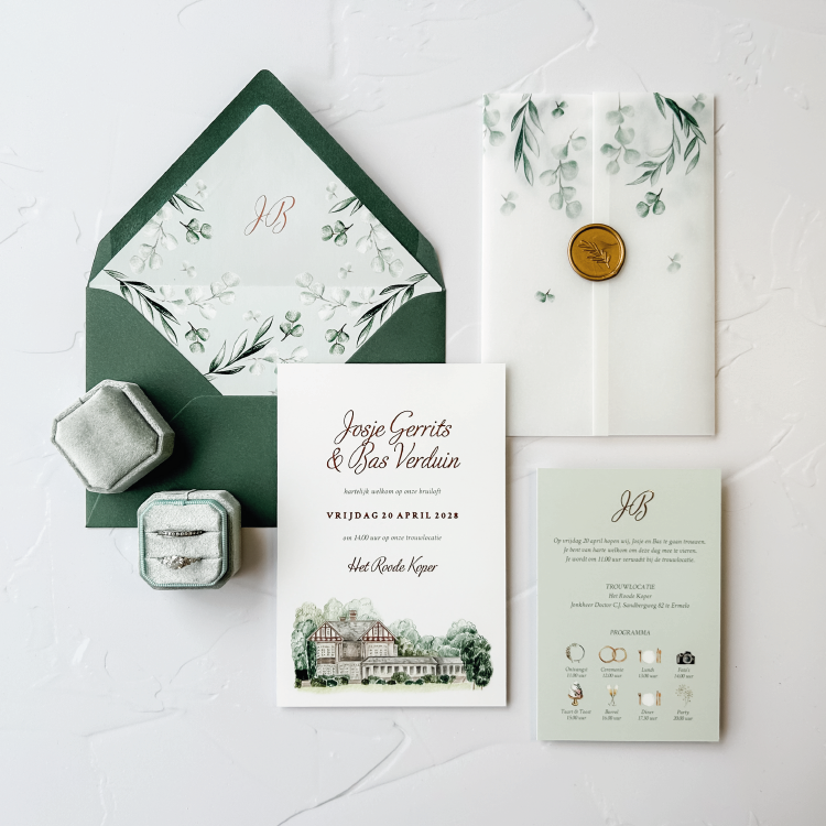 trouwkaart groene takjes kalkpapier omslag