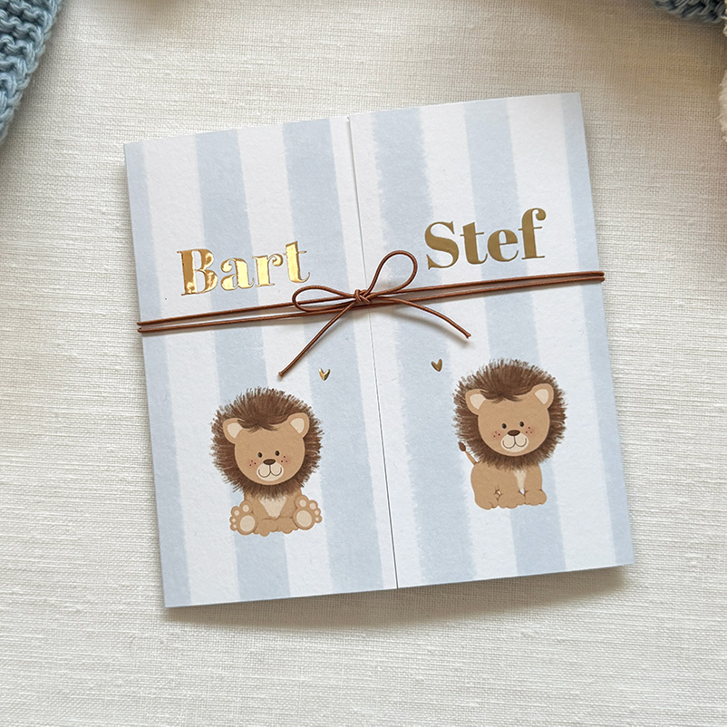 Geboortekaartje tweeling jongen theatervouw met leeuwtjes en goudfolie