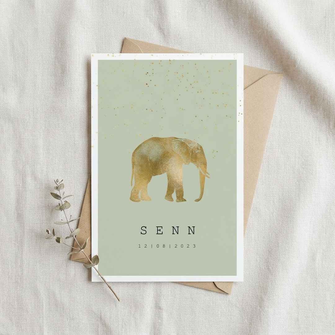 Geboortekaartje olifant in goud look