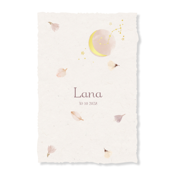 Geboortekaartje meisje goudfolie maan en bloemen op handgeschept papierlook