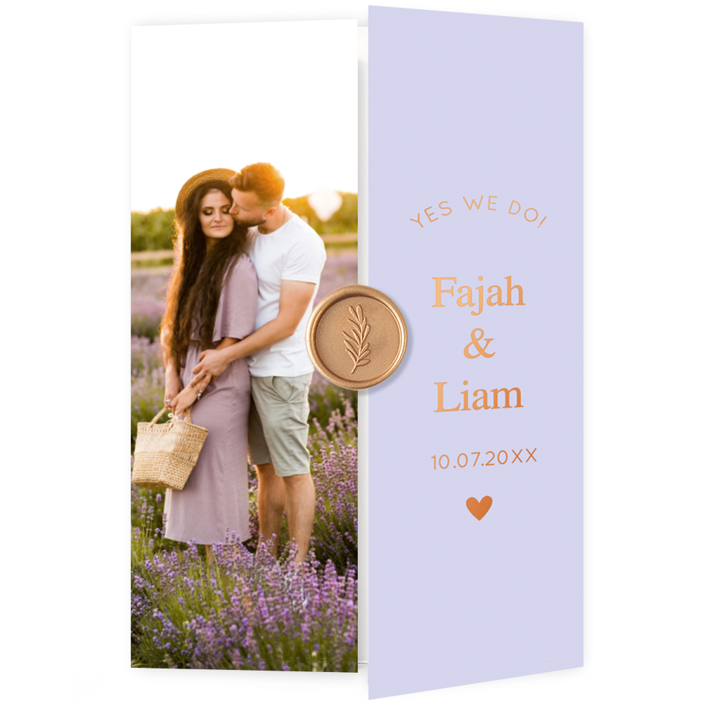 Trouwkaart luikvouw foto lila paars koperfolie