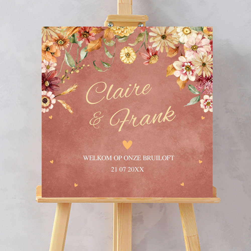 Bruiloftsbord terracotta roze bloemen chic autumn