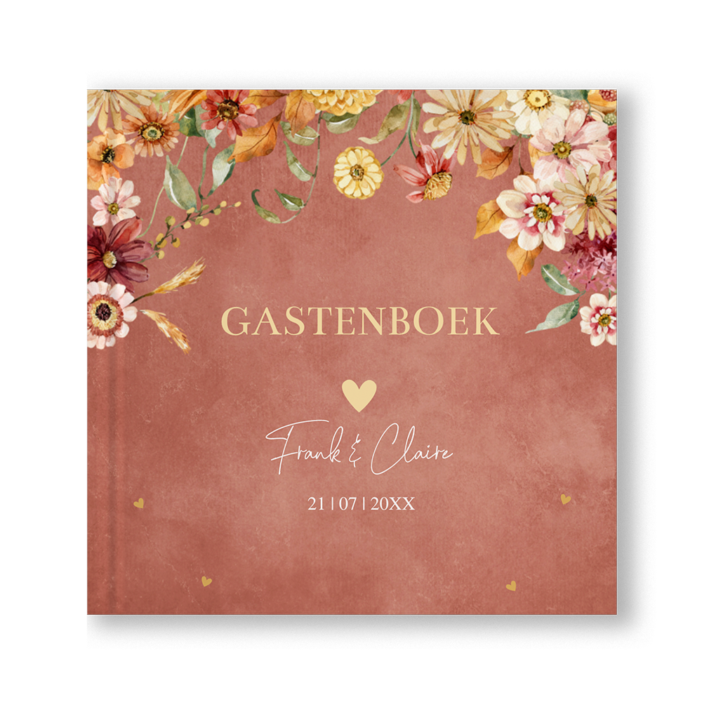 Gastenboek bruiloft terracotta roze bloemen chic autumn