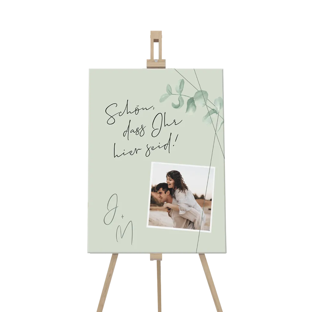 Willkommensschild Hochzeit mit Eukalyptus und Linien