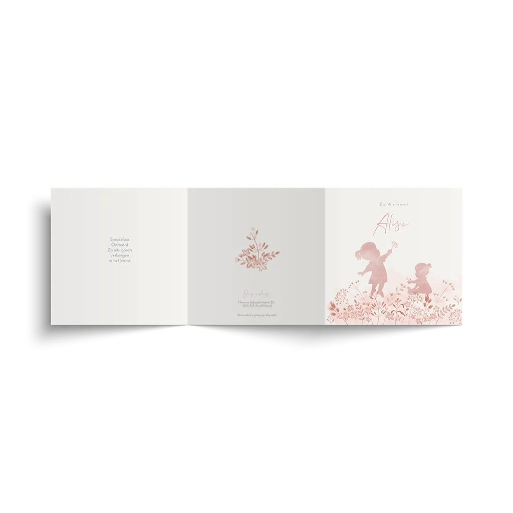Zigzag geboortekaartje zusje met roze watercolour en bloemen
