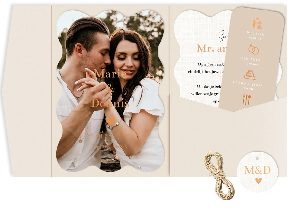 Pocketfold trouwkaart beige koperfolie golvend