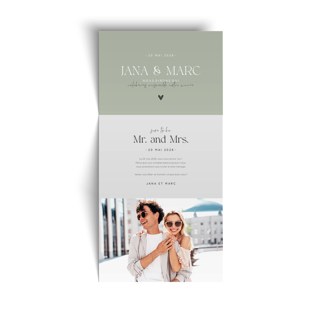 Faire-part mariage en accordéon, en vert et blanc avec photo