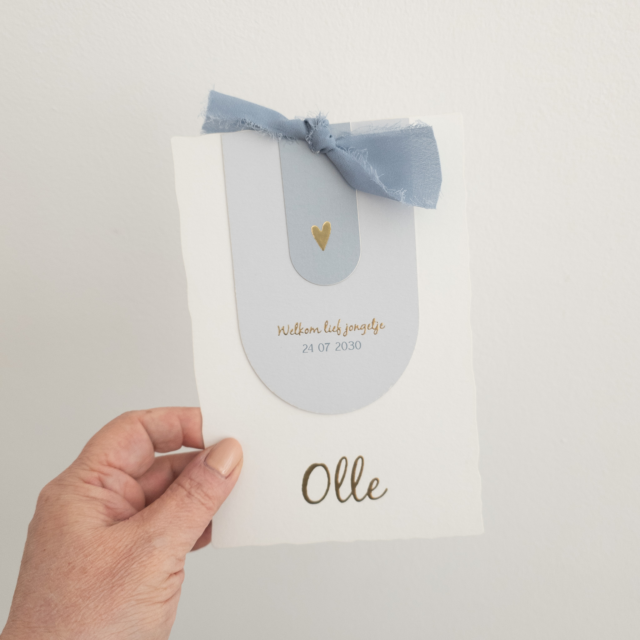 Geboortekaartje zoon blauw goud handgeschept look labels