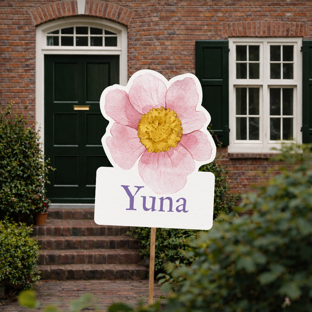 Tuinbord met roze bloem – Zacht en lief geboortebord tuin