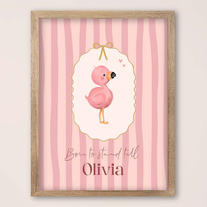 Stijlvolle geboorteposter met flamingo en elegante typografie